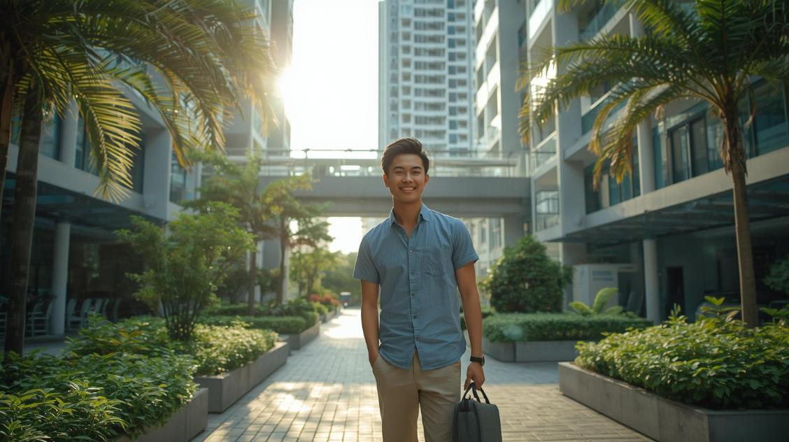 Professional standing in green modern condo courtyard with skyline and transit in background.